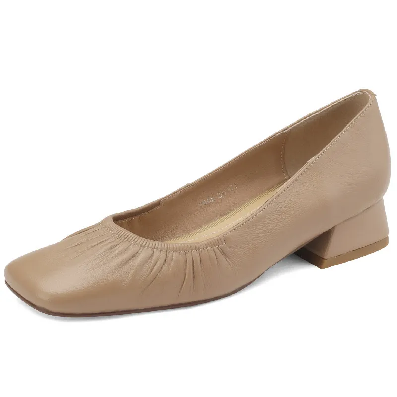 Low heels genuine leather square toe pumps