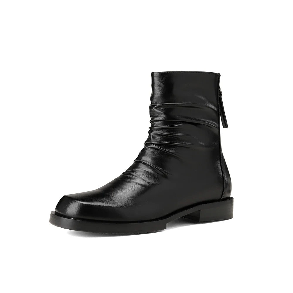 Black leather ankle boots with low heels