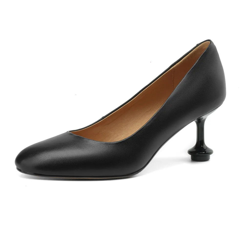 Genuine leather round toe high heel pumps