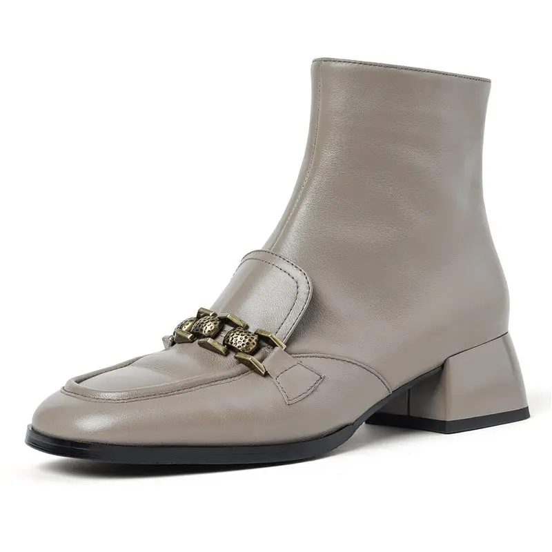Genuine leather ankle boots with zipper and mid heels