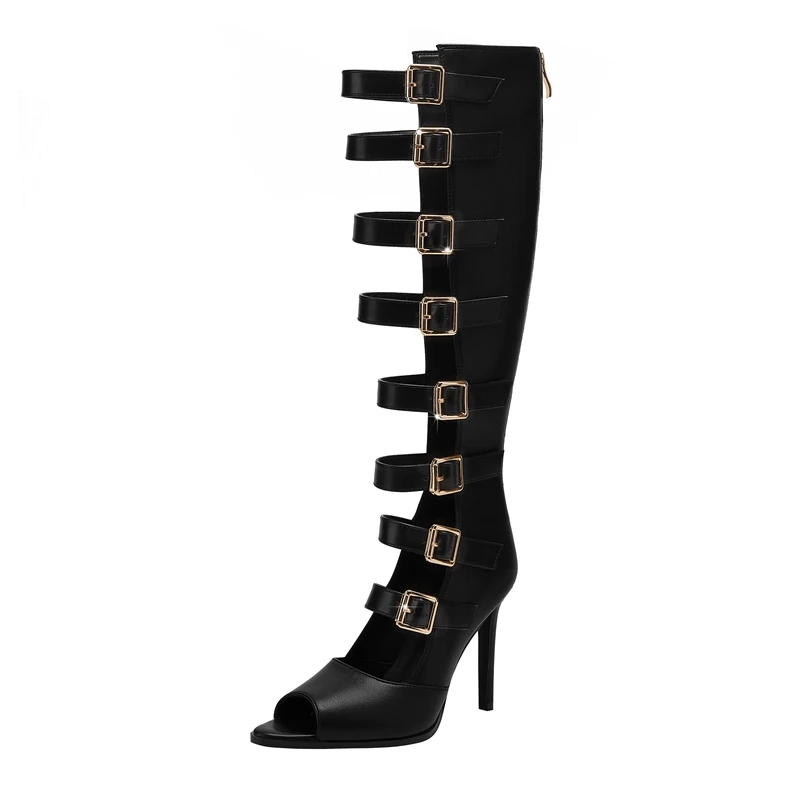 Pointed toe high heel knee high boots with metal belt