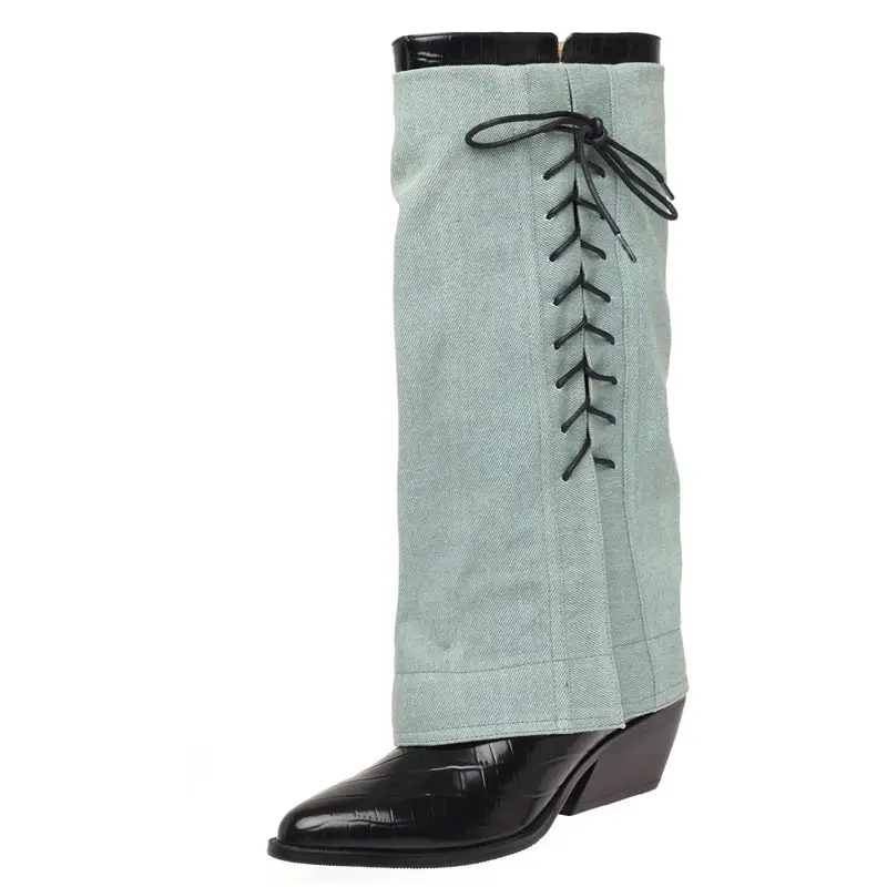 Genuine leather knee high block heel boots