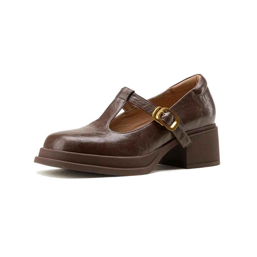 Punk style high heel mary janes genuine leather round toe shoes