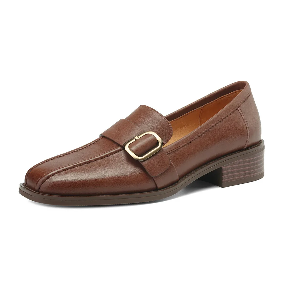 Genuine leather square toe pumps with thick heels and belt buckle