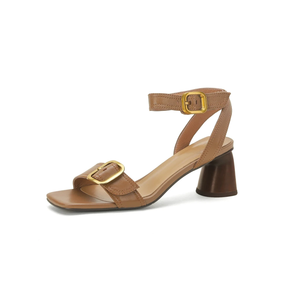 Elegant genuine leather high heel sandals with buckles