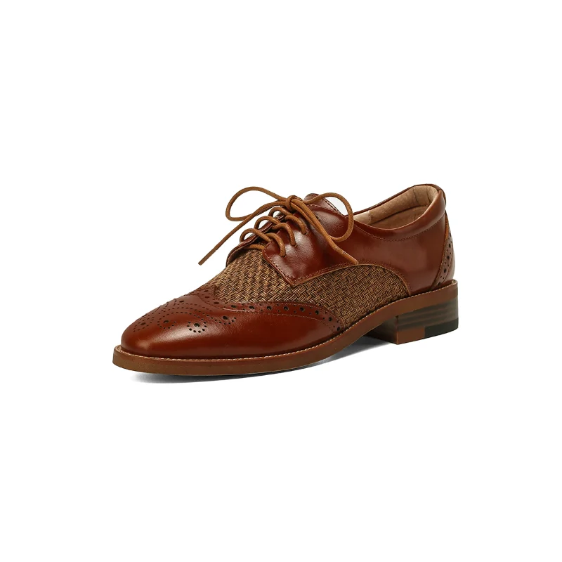 Leather woven lace-up brogue pumps