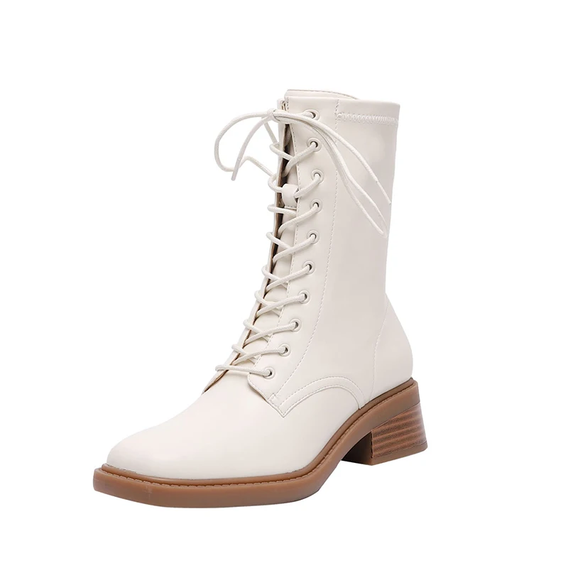 Microfiber lace up ankle boots with block heels