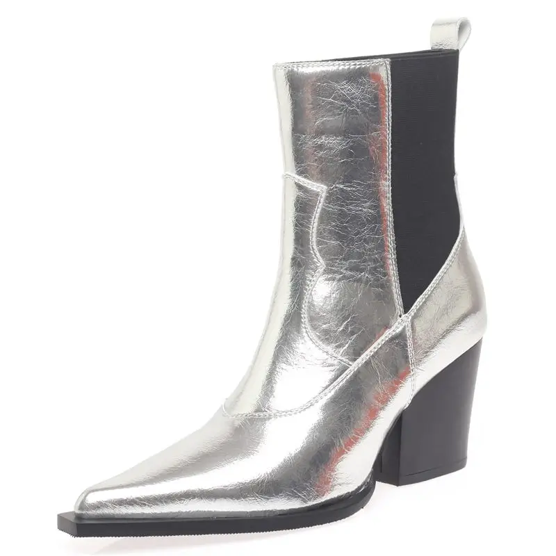 Genuine leather pointed toe chelsea boots with block heels