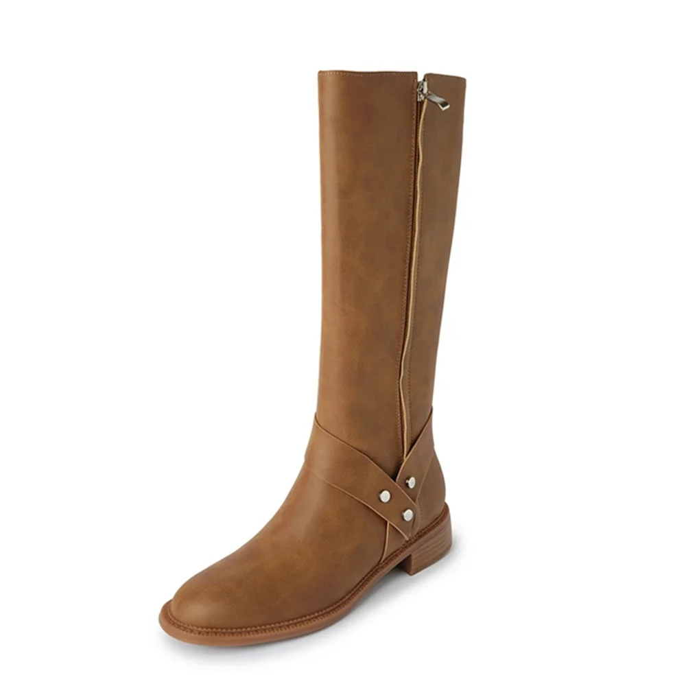 Knee high genuine leather thick heels motorcycle boots