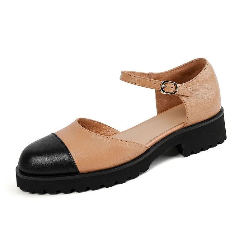 Beige leather ankle strap mary jane pumps