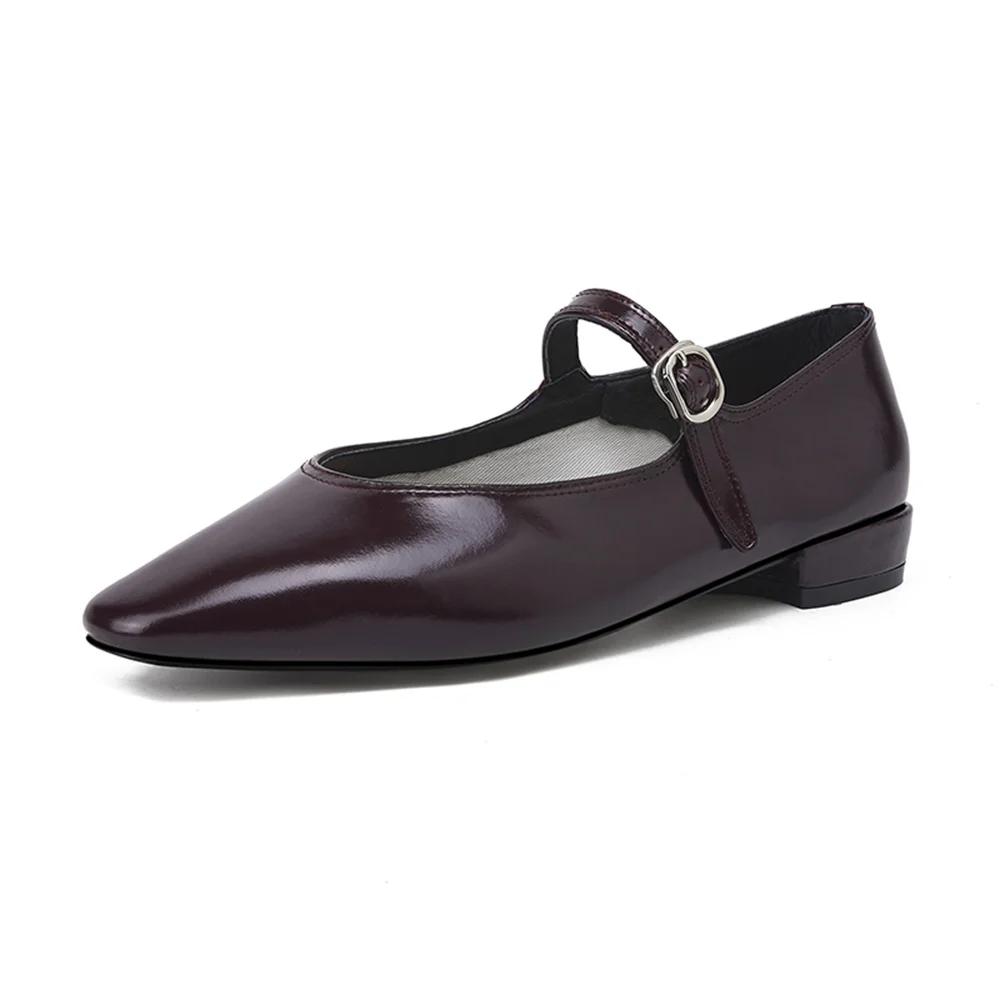 Genuine leather mary jane shoes with low heels and buckles