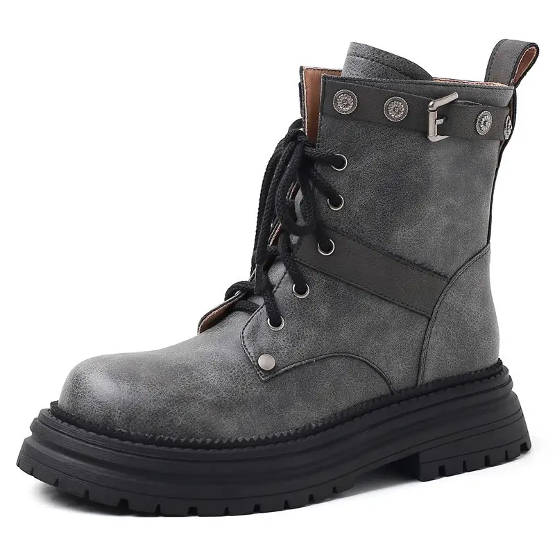 Genuine leather lace-up platform ankle boots
