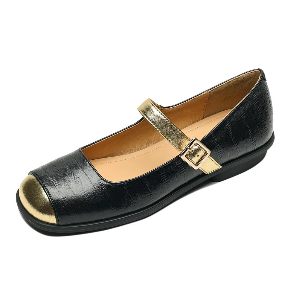 Genuine leather low heel round toe office pumps