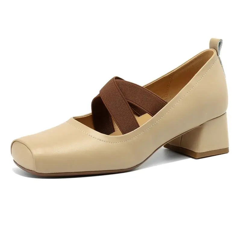 Genuine leather square toe mid heels mary janes