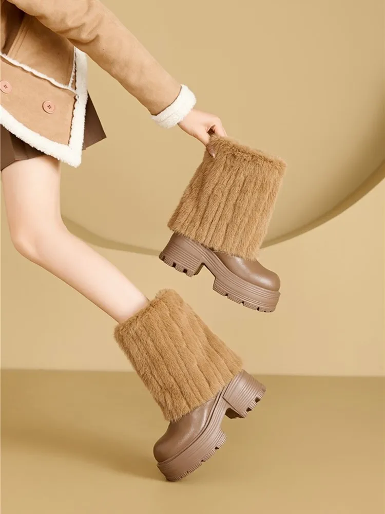 High heel wool platform leather boots