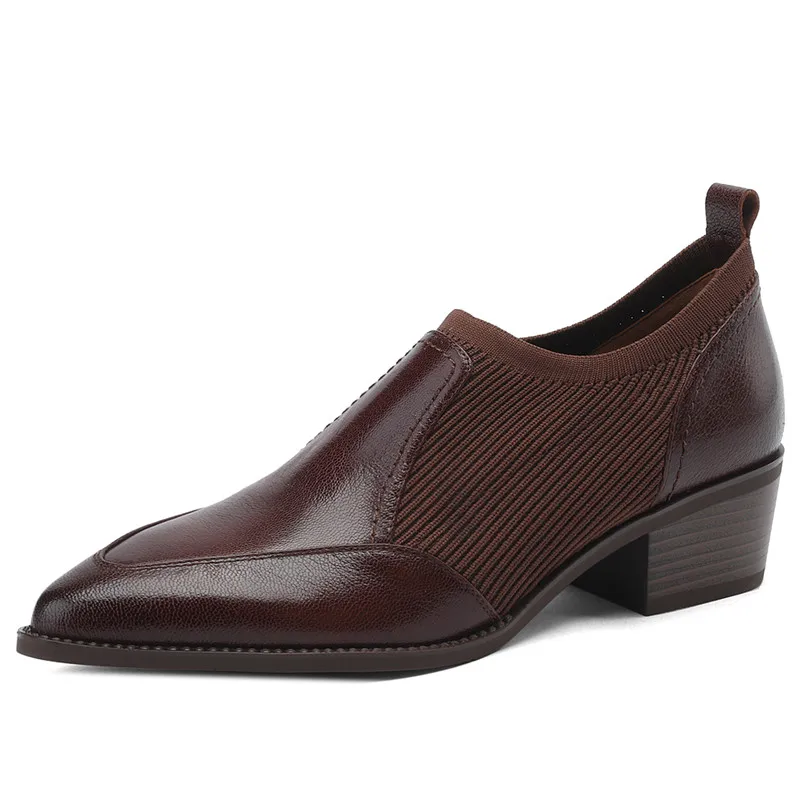 Sheepskin leather pointed toe slip-on pumps with square med heels