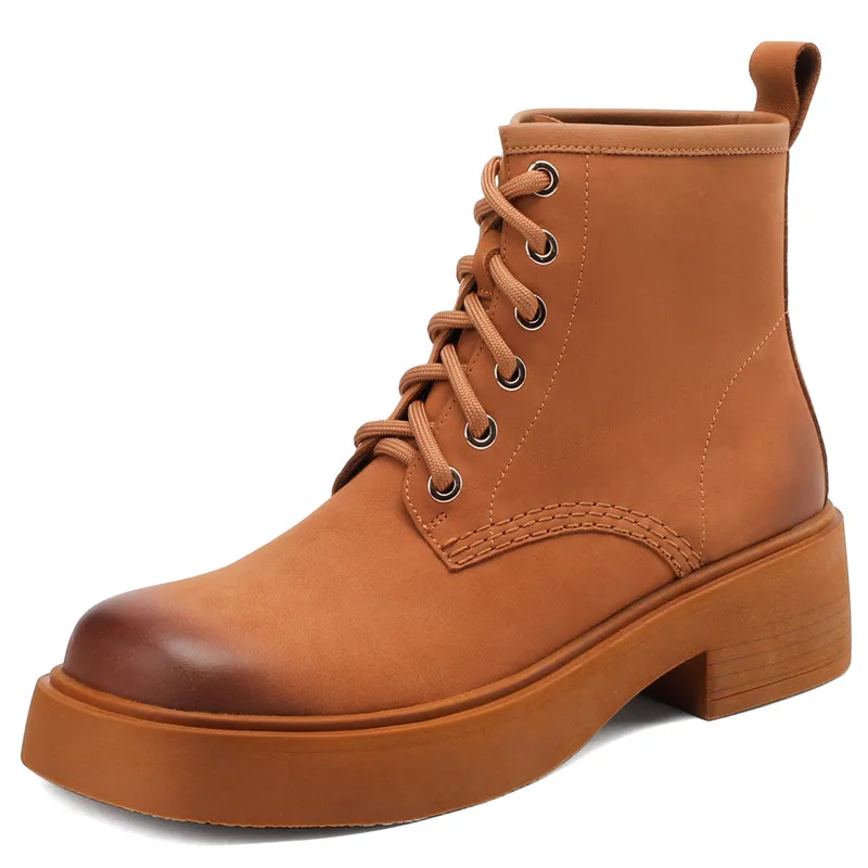 Sheepskin leather ankle boots with lace up and square heels
