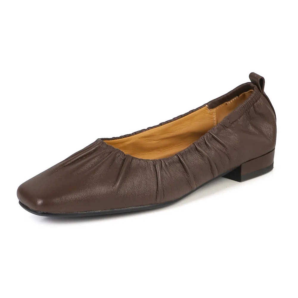 Genuine leather low heel square toe pumps