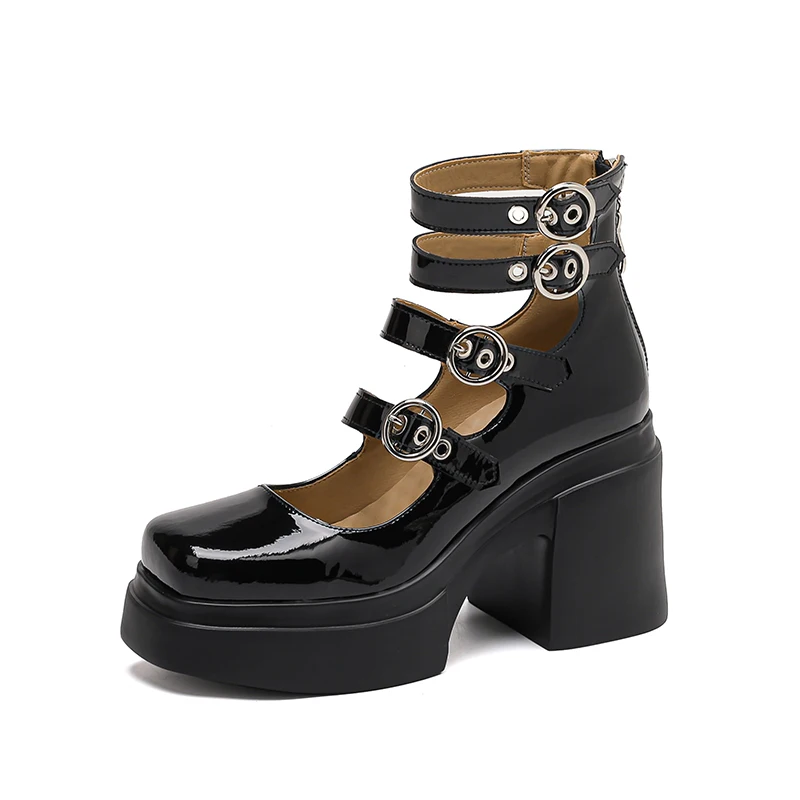 Punk ankle strap platform pumps with chunky heels