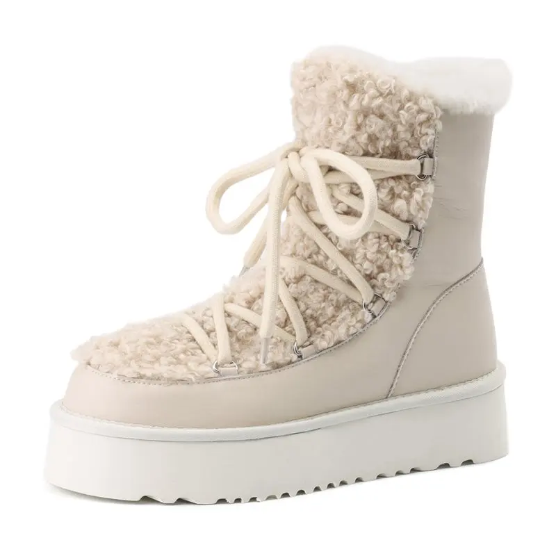 Genuine leather wool snow boots with lace up platform
