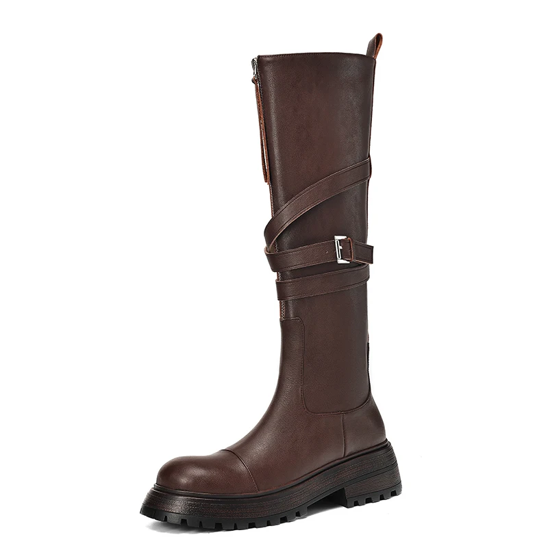 Knee high zipper boots with buckle and platform