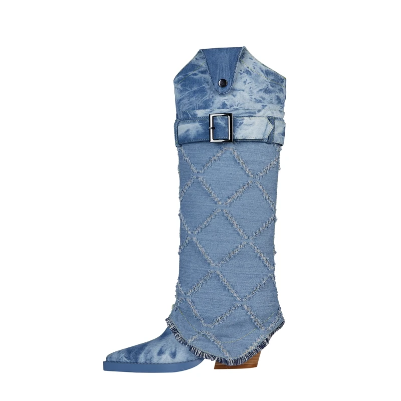 High heels pointed toe denim hollowed out boots