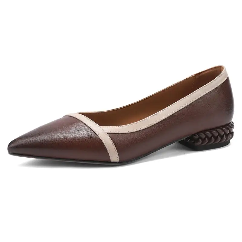 Genuine leather pointed toe low heel pumps