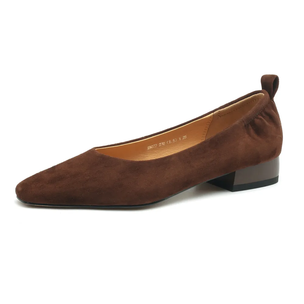 Genuine leather low heel square toe pumps