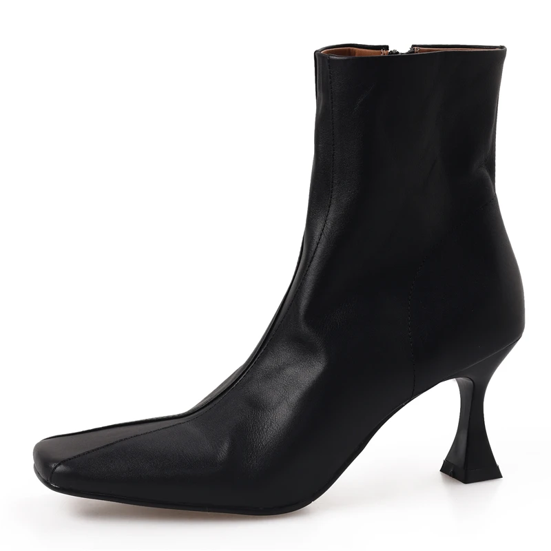Genuine leather stiletto ankle boots with square toe