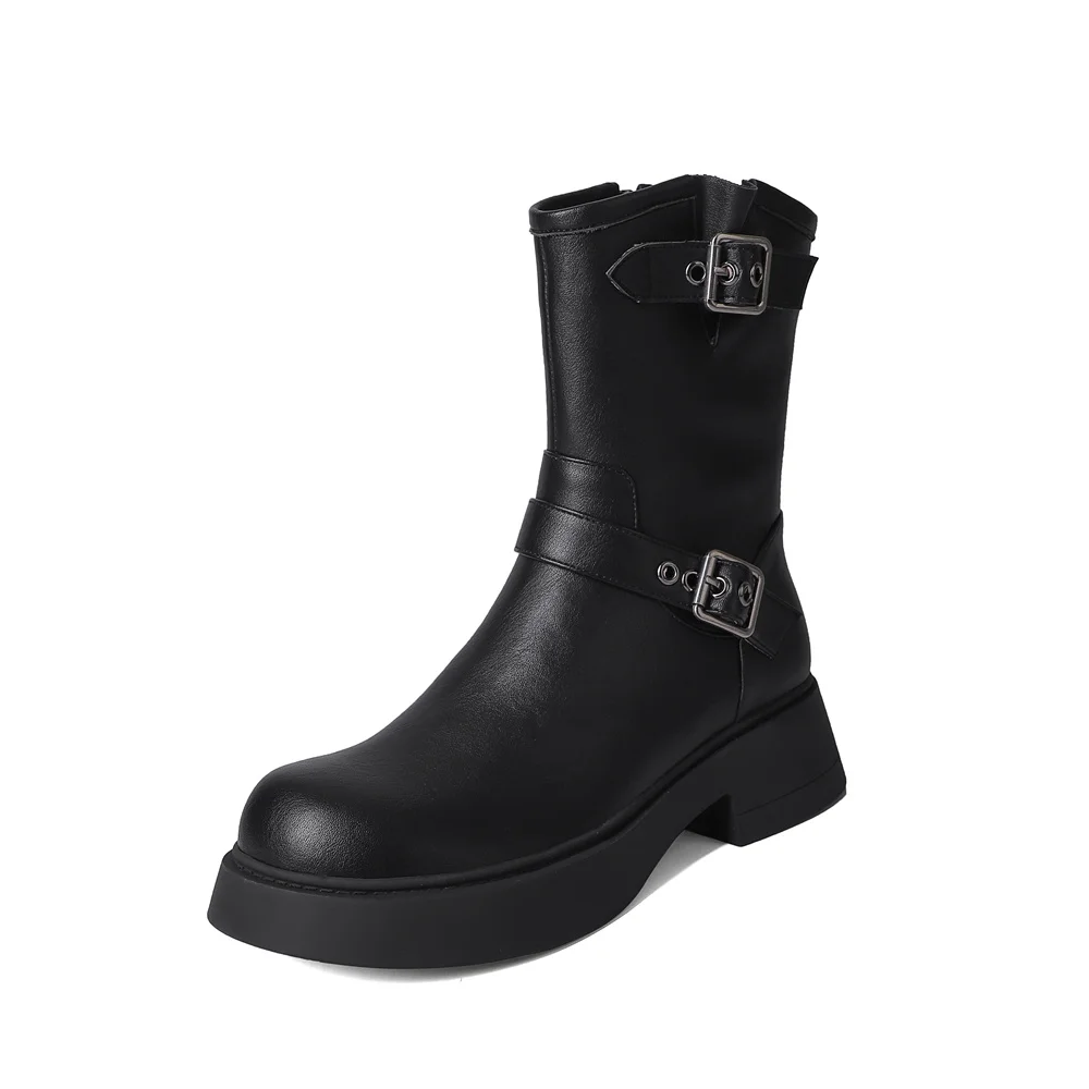 Genuine leather ankle boots with thick heels and buckles