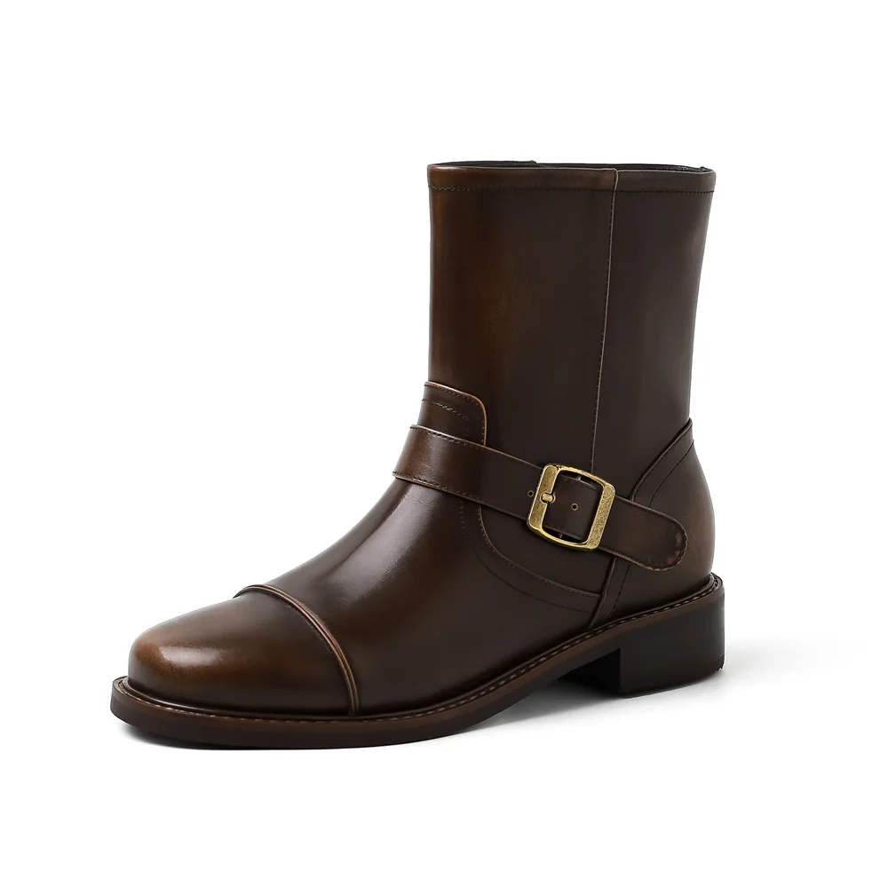 Genuine leather ankle boots with high heels and buckles