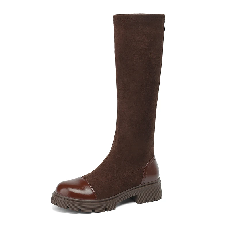 Knee high block heel boots with zipper and round toe