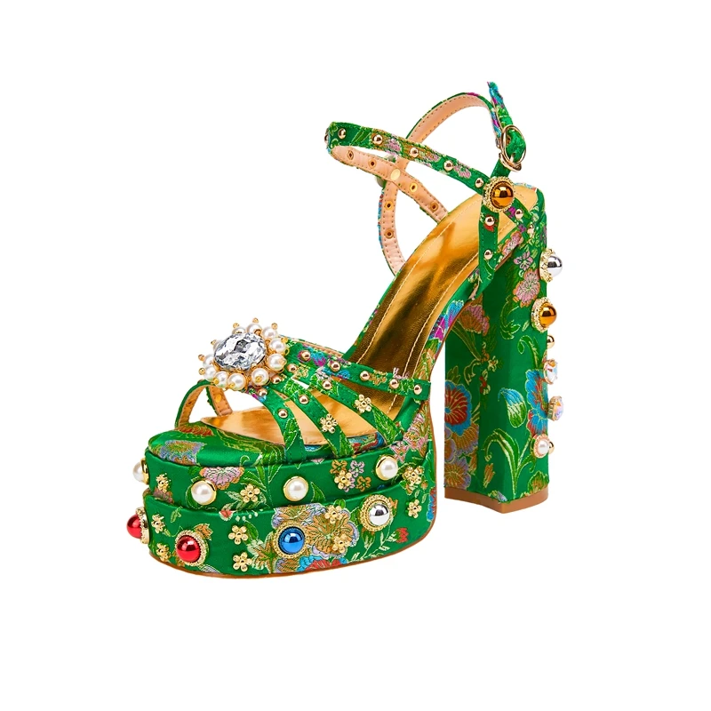 Waterproof platform high heel sandals with pearl rivets and flowers