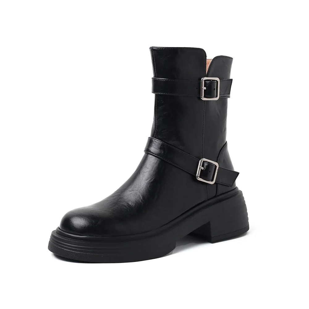 Genuine leather ankle boots with thick heels for autumn winter