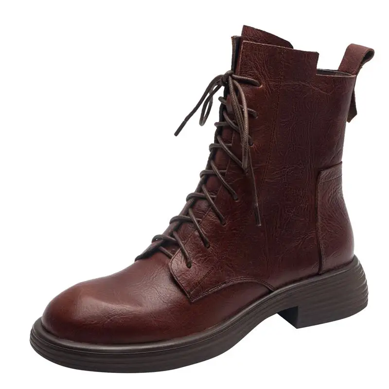 Genuine leather mid heel ankle boots for women