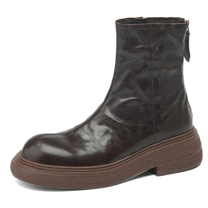 Genuine leather ankle boots with zipper and low heels