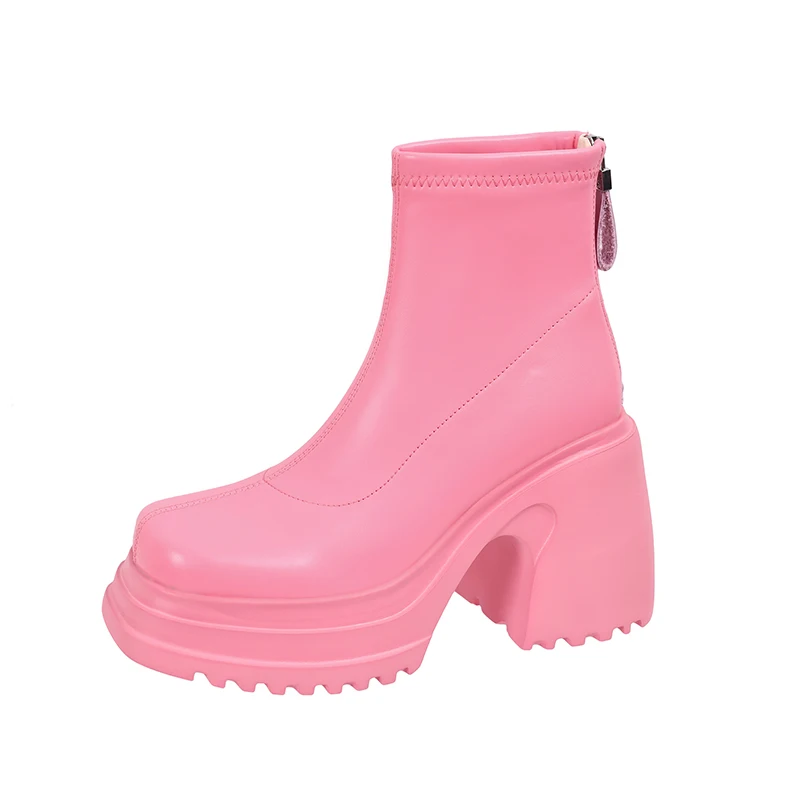 Punk ankle boots with high block heel and back zipper