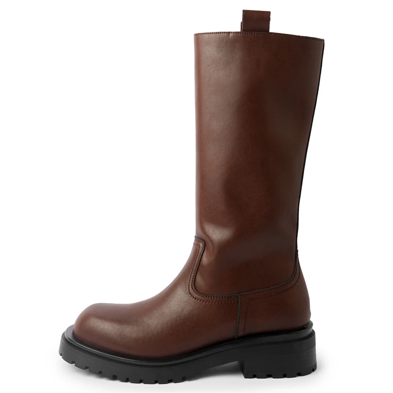 Genuine leather mid calf platform boots with round toe