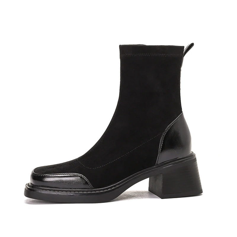 Stretch fabric chunky heeled ankle boots in black and brown