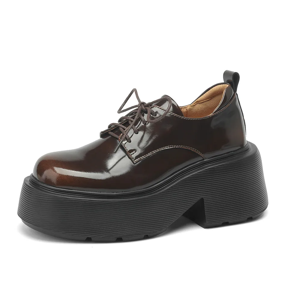 Thick platform leather high heels lace-up pumps