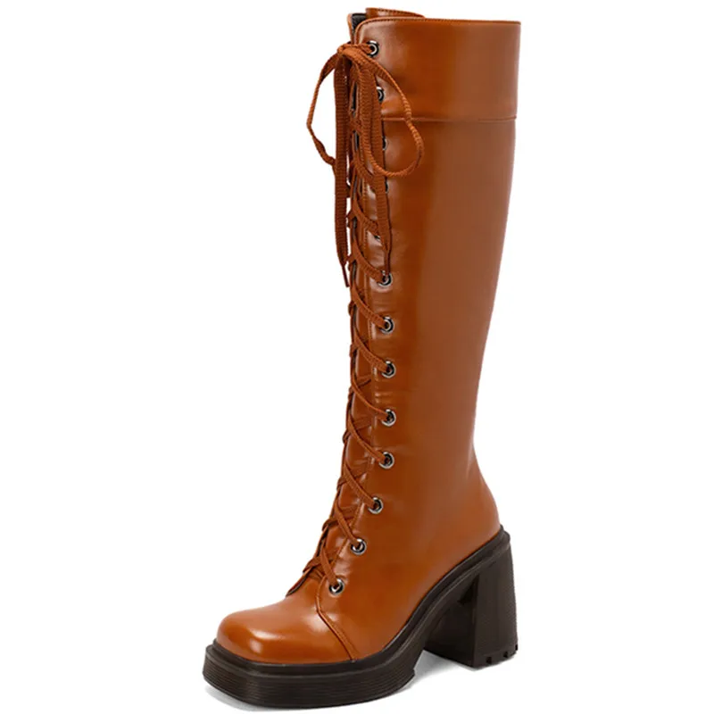 Knee high lace up vintage boots with thick heels