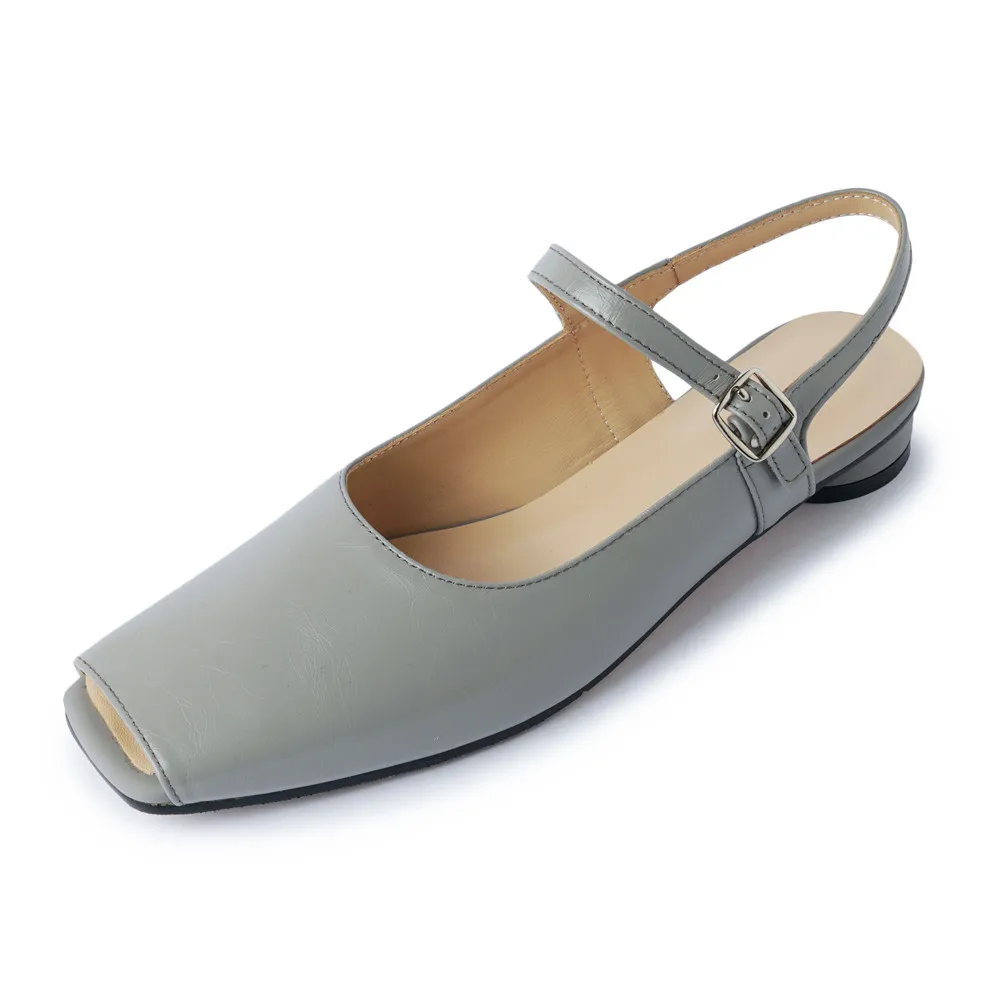 Genuine leather peep toe low heel pumps with buckle strap