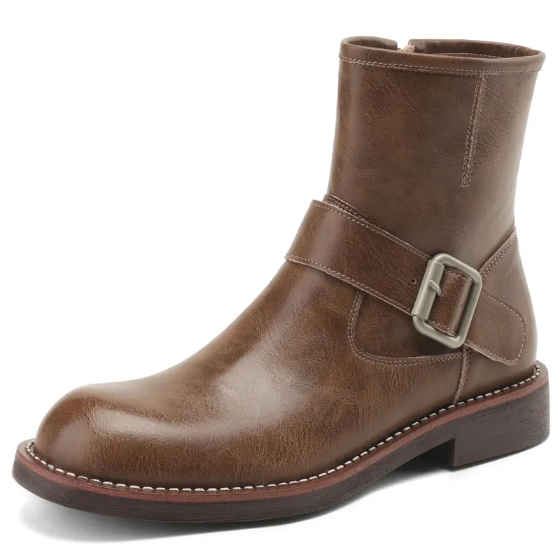 Genuine leather ankle boots with square heels and zipper