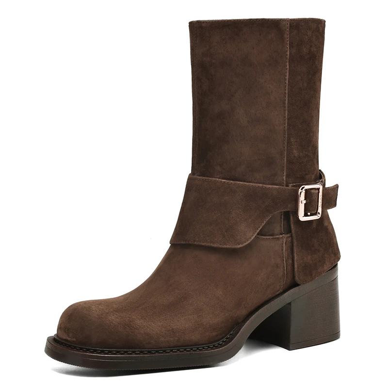 Genuine leather ankle boots with square heels and buckle