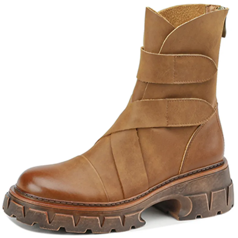 Retro genuine leather ankle boots with zipper and thick heels