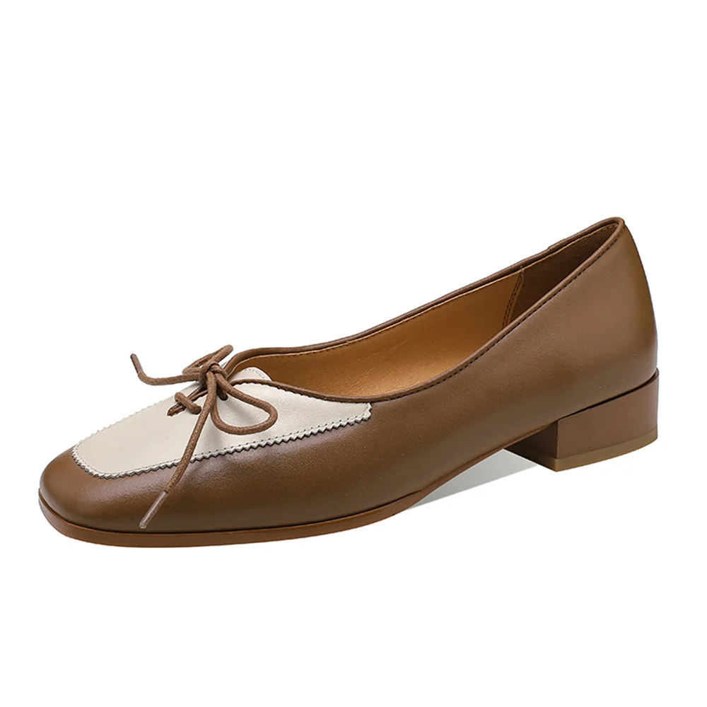 Genuine leather round toe pumps with thick heels