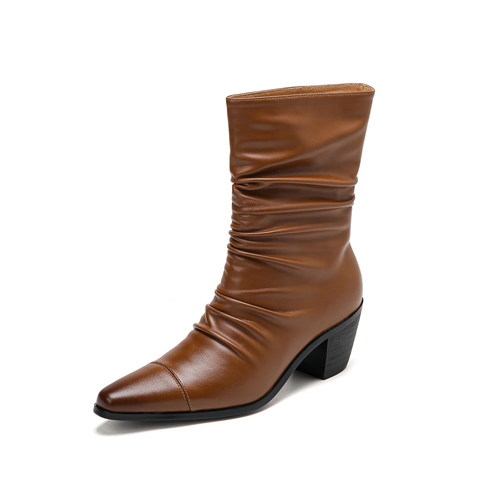 Genuine leather high heel ankle boots with thick sole