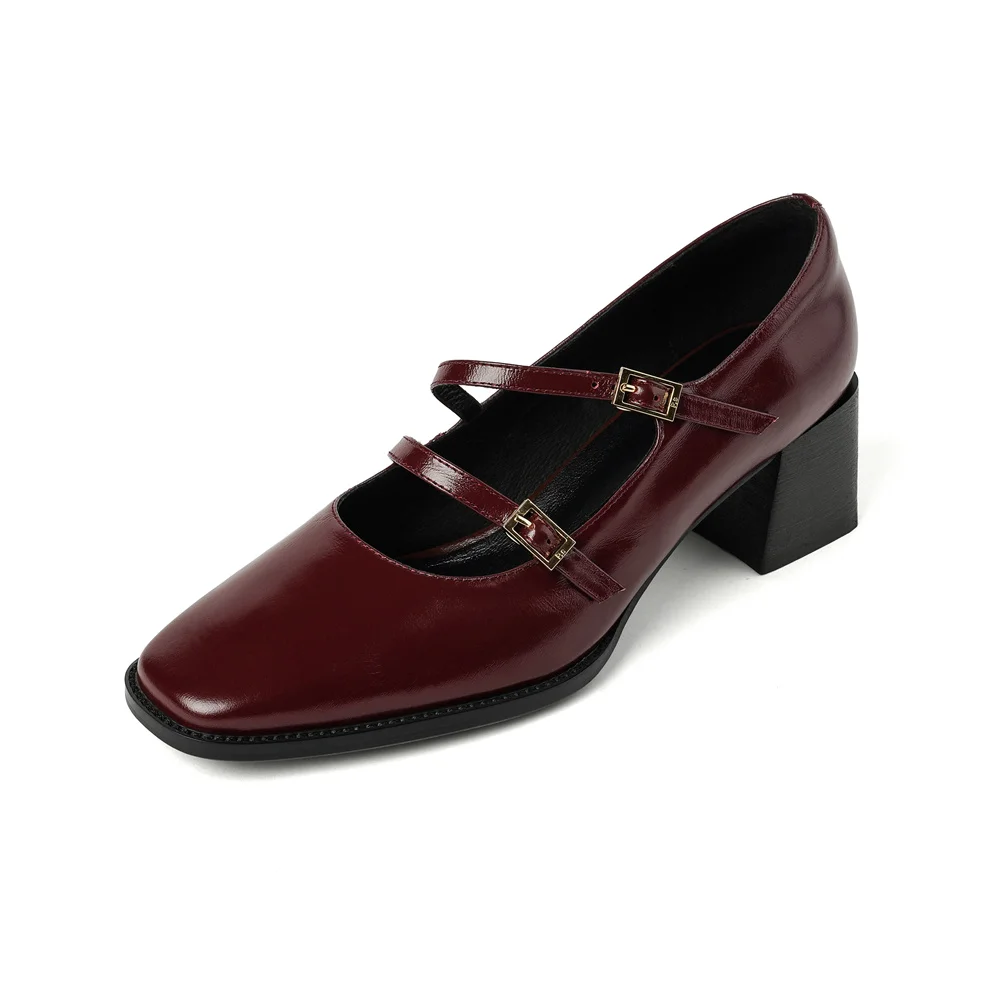 Patent leather block heels round toe pumps