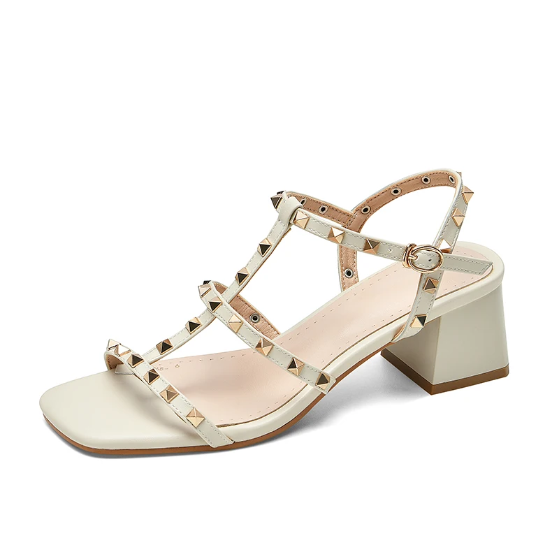 Beige open toe rivet sandals with buckle strap