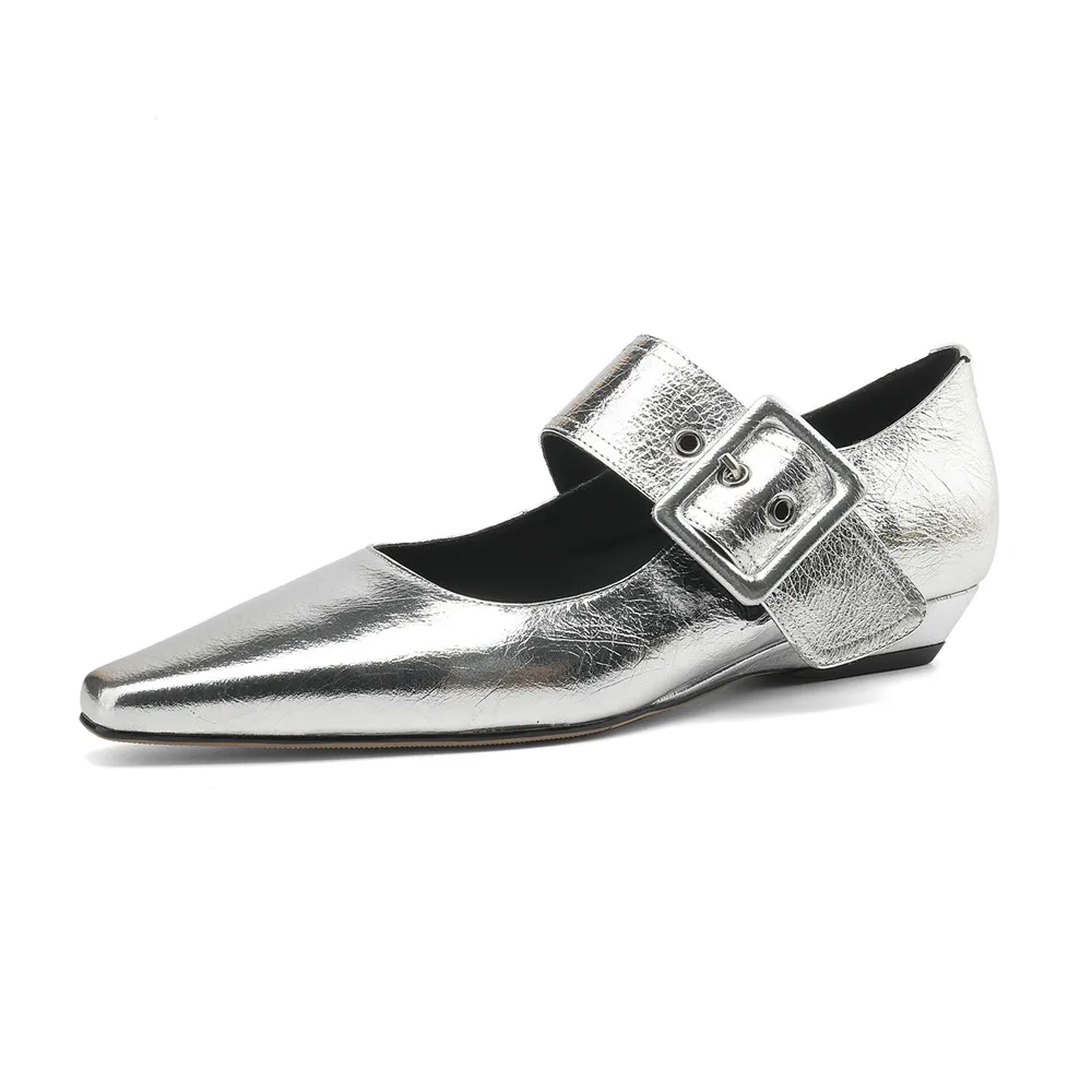 Genuine leather low heel buckle pumps